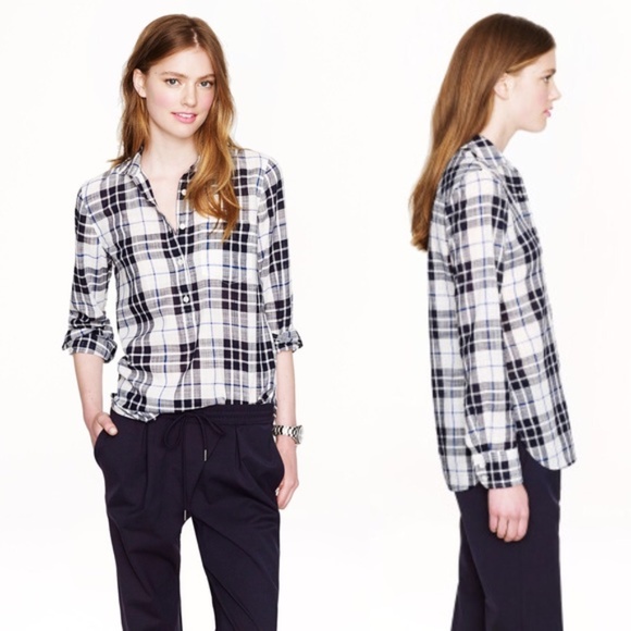 J.CREW Navy Blue Plaid Gauze Popover Shirt - Picture 3 of 8